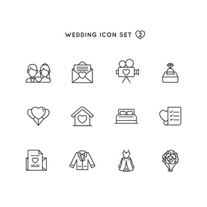 婚礼轮廓图标设置。 婚姻插图的对象与爱情符号收集。 单林设计完美的数字邀请卡网站和移动应用设计。
