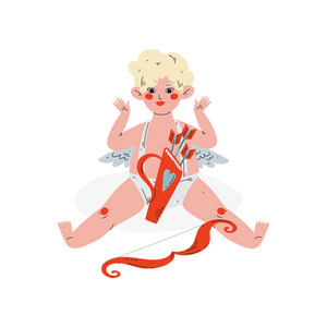 可爱的有趣的丘比特与箭和弓的颤抖, 阿穆尔婴儿天使, 快乐的情人节符号标志插图