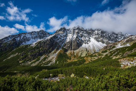 斯洛伐克塔特拉山在夏天。 绿坡，山峰覆盖着雪。 晴天。