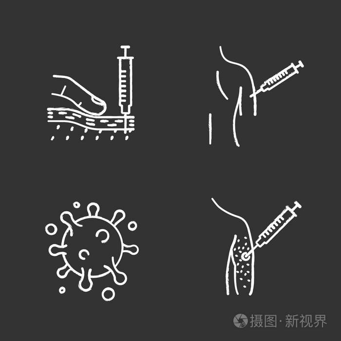 疫苗接种和免疫粉笔图标设置. 皮下注射流感疫苗过敏.