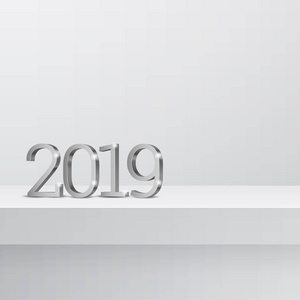 矢量文本设计2019。黄金3D数字。 新年快乐模板贺卡。