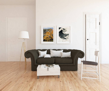 斯堪的纳维亚客厅内部的想法，沙发在木地板和装饰。 家北欧内部。 三维插图
