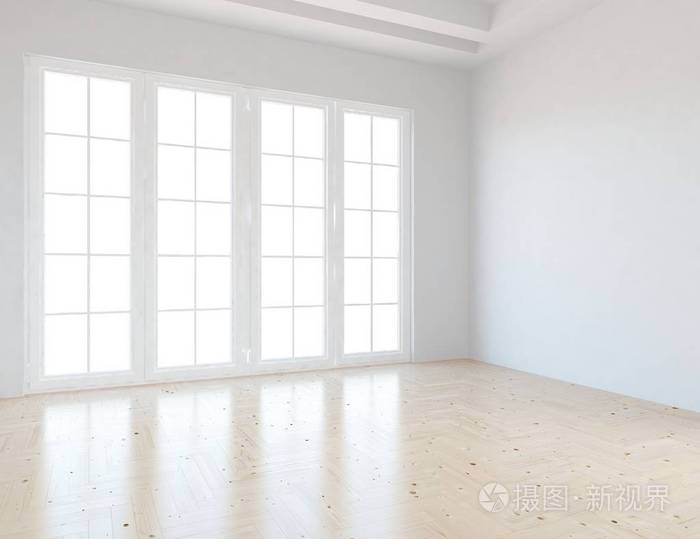 白色房间内部有窗户。 斯堪的纳维亚室内设计。 三维插图