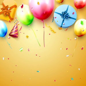 生日快乐模板与彩色气球礼品盒和纸屑在橙色背景。 你的文本空间