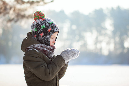 一个可爱的小男孩的肖像，穿着温暖的衣服，在冬天的晴天下雪的时候在户外吹雪