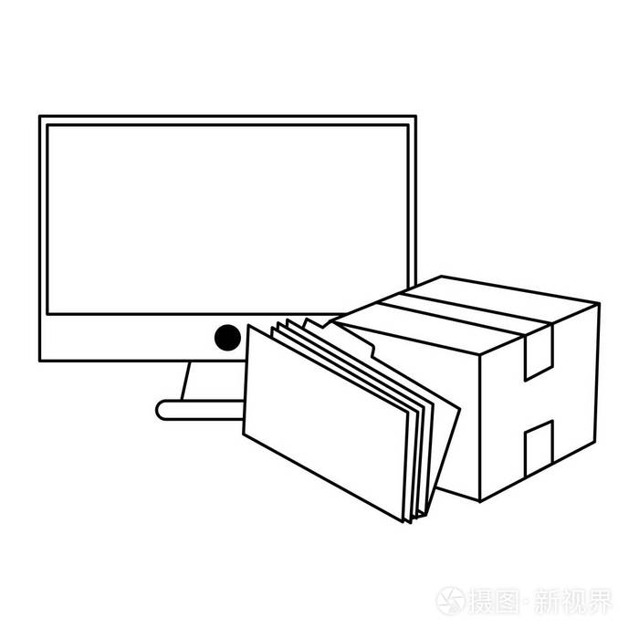 电脑和纸板箱与文件夹黑色和白色