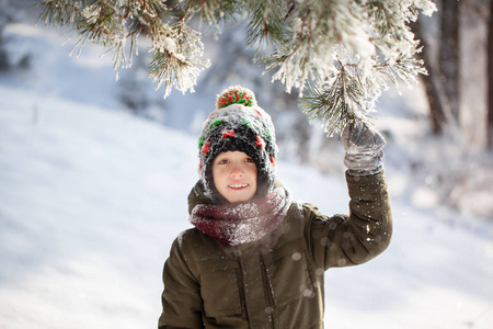 一个可爱的小男孩的肖像，穿着温暖的衣服，在冬天晴天下雪的时候在户外玩耍