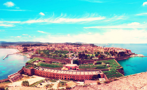 s eye view of the the old fortress, city and harbor Kerkira, Cor