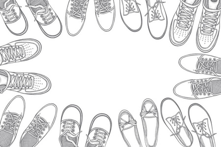 背景的许多运动鞋排队在一个圆圈与自由空间的文本手绘矢量插图在白色背景上的素描风格。 顶部视图