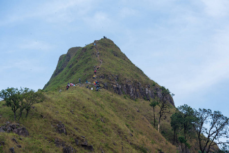 一群人带着背包在山上徒步旅行，享受他们的冒险