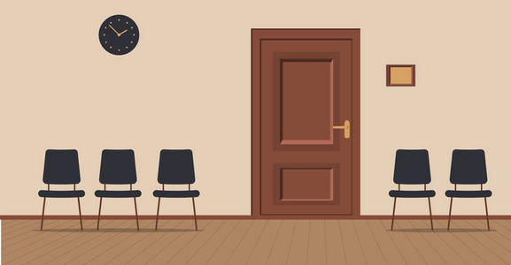 在奶油色背景下的室走廊地板上有椅子和木板的访客等候区。墙上有一个标志的橱柜的门，海军墙上的时钟。矢量插图