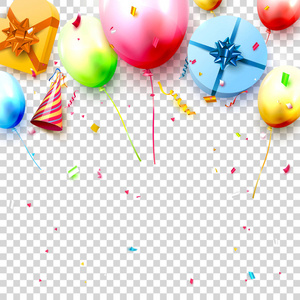 生日快乐模板与彩色气球礼品盒和纸屑在透明的背景。 你的文本空间