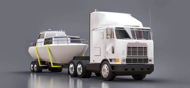 3D一辆白色大卡车的插图，它有一辆拖车，用来在灰色背景下运输一艘船。3D渲染