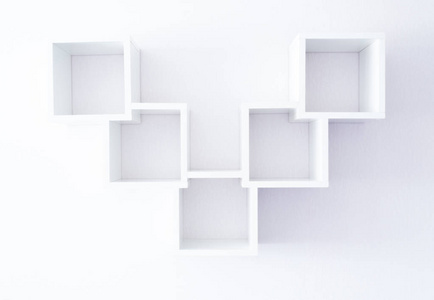 白色墙壁上的白色白色的空荡荡的现代书架。 极简主义风格。