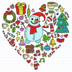 矢量集的圣诞节, 节日图标在涂鸦风格。在白色背景上的一张格子纸上涂上了五颜六色的画