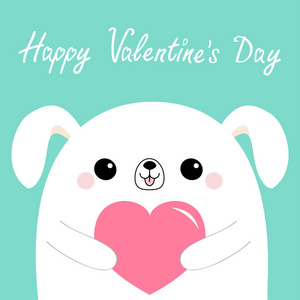 情人节快乐。 白色狗小狗头脸抱着粉红色的纸心。 可爱的卡通卡瓦伊有趣的婴儿动物角色。 平面设计。 爱情卡。 孤立的。 蓝色背景。