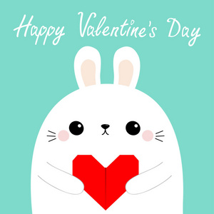 情人节快乐。 小白兔兔小狗头脸上捧着红色折纸心。 可爱的卡通卡瓦伊有趣的婴儿动物角色。 爱情卡。 平面设计。 孤立的。 蓝色背景