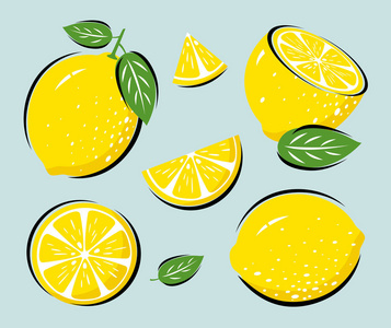 黄色柠檬与叶子矢量插图