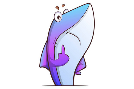 矢量卡通插图。 可爱的鲨鱼顽皮的表情。 孤立在白色背景上。