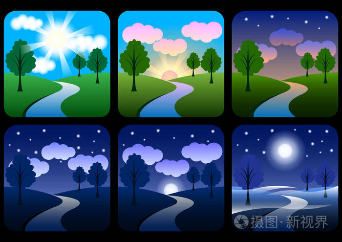 日出清晨,中午,日落黄昏和夜晚. 太阳时间图标设置.
