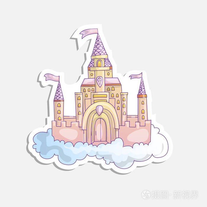 矢量卡通插图粉红色的公主魔法城堡在云.粉红色的公主