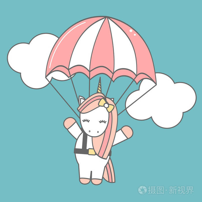 可爱可爱的卡通独角兽飞行降落伞有趣的矢量插图插画-正版商用图片182