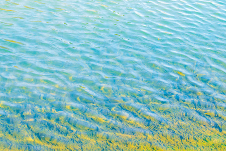 海岸有透明的背景蓝绿色海水的海洋。清澈的蓝色波纹水纹纹理