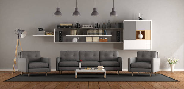 现代客厅，灰色沙发扶手椅和书柜，墙壁3渲染