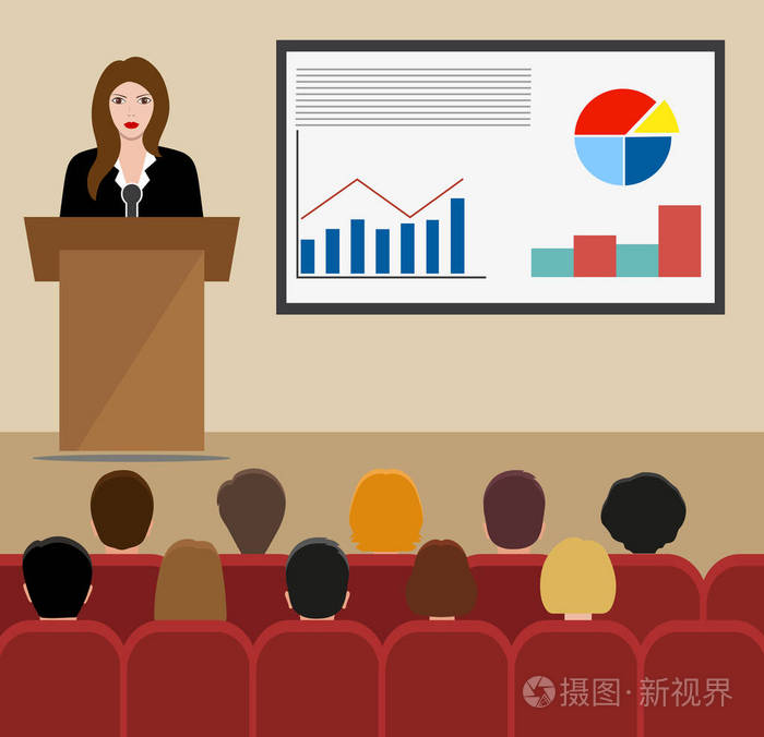 商务女教师在董事会会议室做员工讲座或演讲. 头在黑板上显示图表.