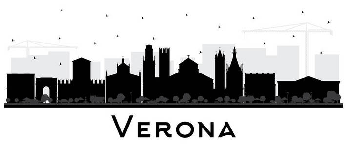 维罗纳意大利城市天际线轮廓与黑色建筑隔离在白色。 矢量图。 具有历史建筑的商务旅游和旅游理念。 维罗纳城市景观与地标。