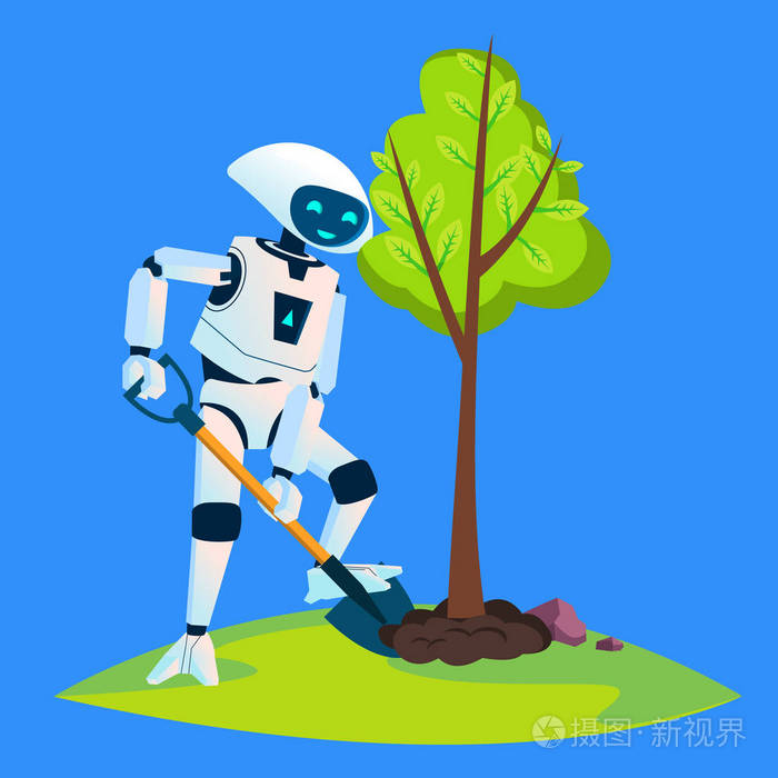 生态机器人种植树向量.孤立的插图