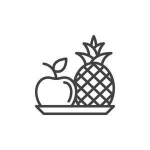 菠萝和苹果线图标轮廓矢量符号线性风格象形文字隔离在白色上。 水果板符号标志插图。 可编辑笔画。 像素完美矢量图形