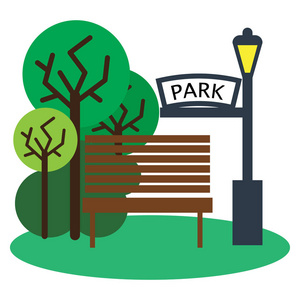 公园与长凳和路灯图标矢量插图平面风格设计隔离在白色。 彩色图形