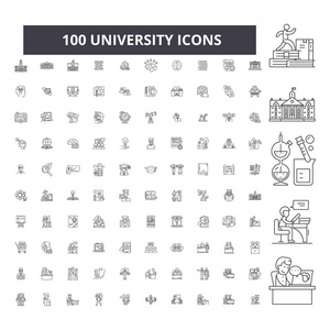 大学可编辑行图标, 100 向量集, 集合。大学黑色轮廓插图标志符号