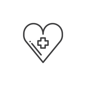心脏与医疗十字线图标轮廓矢量标志线性风格象形文字隔离在白色上。 医学和健康符号标志插图。 可编辑行程