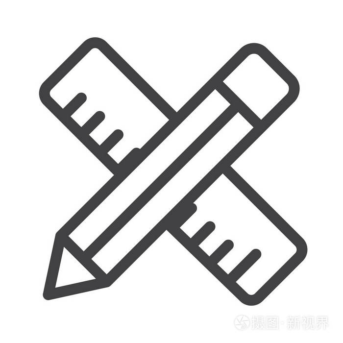 学校材料笔和标尺线图标轮廓矢量符号线性风格象形文字隔离在白色上.
