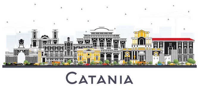 意大利卡塔尼亚城市天际线与灰色建筑隔离在白色。 矢量图。 具有历史建筑的商务旅游和旅游理念。 卡塔尼亚西西里城市景观与地标。