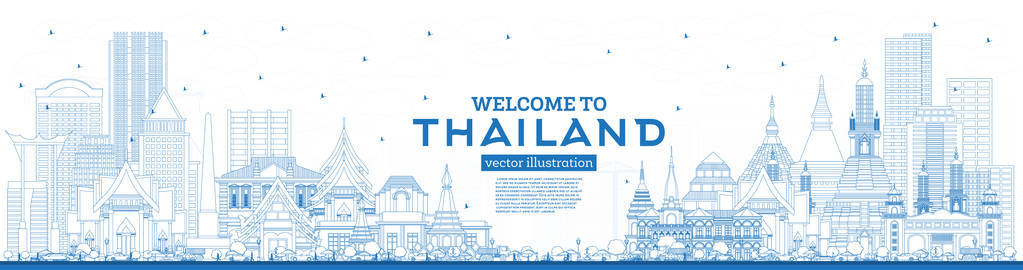 轮廓欢迎来到泰国城市天际线与蓝色建筑。 矢量图。 具有历史建筑的旅游理念。 泰国城市景观与地标。