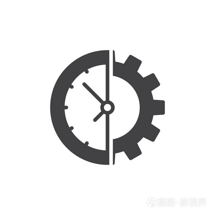 时钟和齿轮图标矢量填充平面标志固体象形文字隔离在白色上.