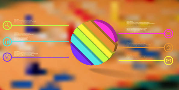 三维插图信息模板。 浮雕环斜分为六个颜色部分。 物体布置在模糊的照片背景上。 彩色线与简单的标志在圆圈是在侧面。