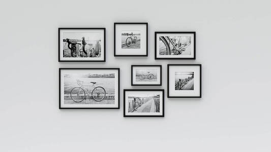 墙上自行车图片相框3D渲染