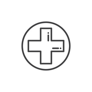 医学十字线图标轮廓矢量符号线性风格象形文字隔离在白色上。 符号标志插图。 可编辑行程