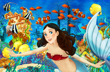 卡通海洋和水下王国中的美人鱼与鱼类插图儿童