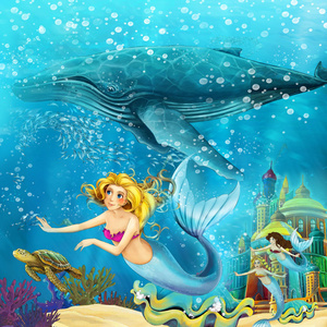 卡通海洋和水下王国中的美人鱼，用鲸鱼插图为儿童游泳