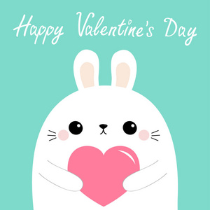 情人节快乐。 小白兔兔小狗头脸上抱着粉红色的纸心。 可爱的卡通卡瓦伊有趣的婴儿动物角色。 平面设计。 爱情卡。 蓝色背景。 孤立
