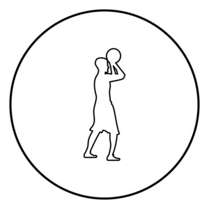 篮球运动员投掷篮球男子投篮侧视图黑色轮廓矢量插图平面样式简单的圆形图像