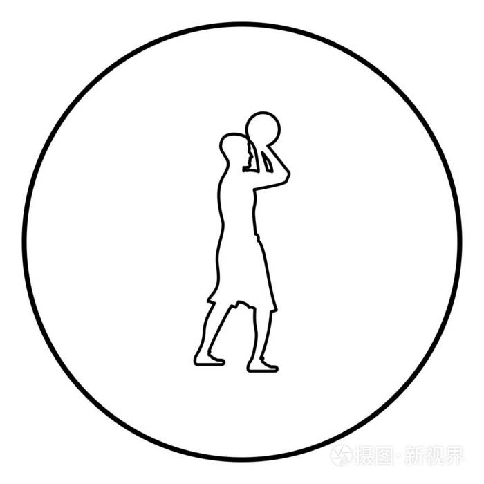 篮球运动员投掷篮球男子投篮侧视图黑色轮廓矢量插图平面样式简单的