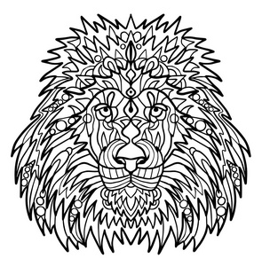 有一头大鬃毛的狮子的头。 抗应激的冥想着色。 箭头条鳞片线。 衬衫上的徽标打印。