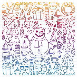 矢量集的圣诞节, 节日图标在涂鸦风格。在白色背景的格子纸纸上画, 五颜六色, 梯度