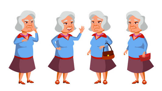 亚洲老年妇女波集向量。老年人。资深人士。老年。快乐的祖父母。演示文稿邀请函卡片设计。孤立的动画片例证